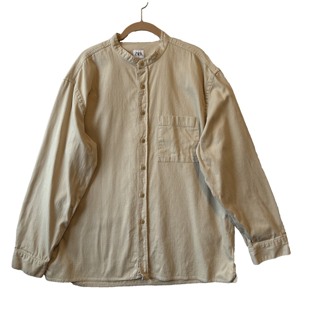 Zara Man Shirt XL Beige Long Sleeve Band Collar Cotton Relaxed Pocket Minimalist